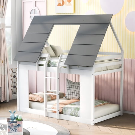 Royard Oaktree Twin over Twin House Bunk Bed with Roof and Window, Wood Low Bunk Bed Frame with Guardrail and Ladder, White and grey