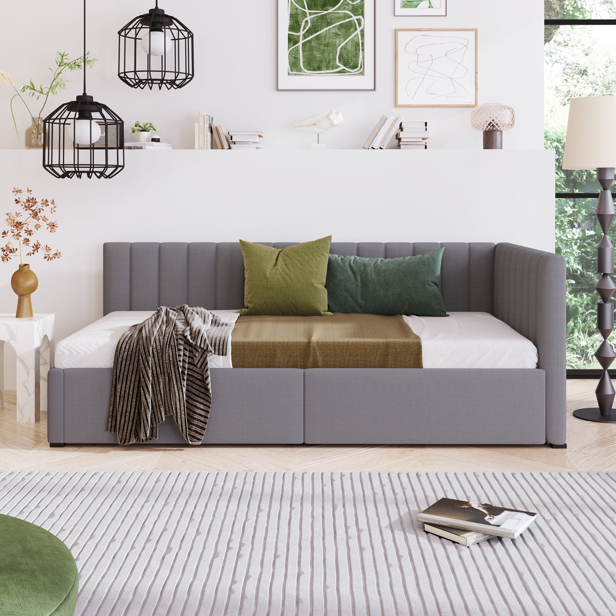 Royard Oaktree Upholstered Daybed with Drawers Twin Size Corner Daybed w L Shape Backres for Bedroom Walmart