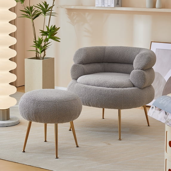 Royard Oaktree Accent Chair with Ottoman Upholstered Round Back Leisure Chairs with Gold Metal Legs Modern Teddy Boucle Chair and Footrest Set Single Sofa Chair for Living Room Bedroom, Gray