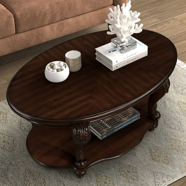 Royard Oaktree Vintage Oval Coffee Table, Wood Centre Table with Open Shelf & Elegant Carvings