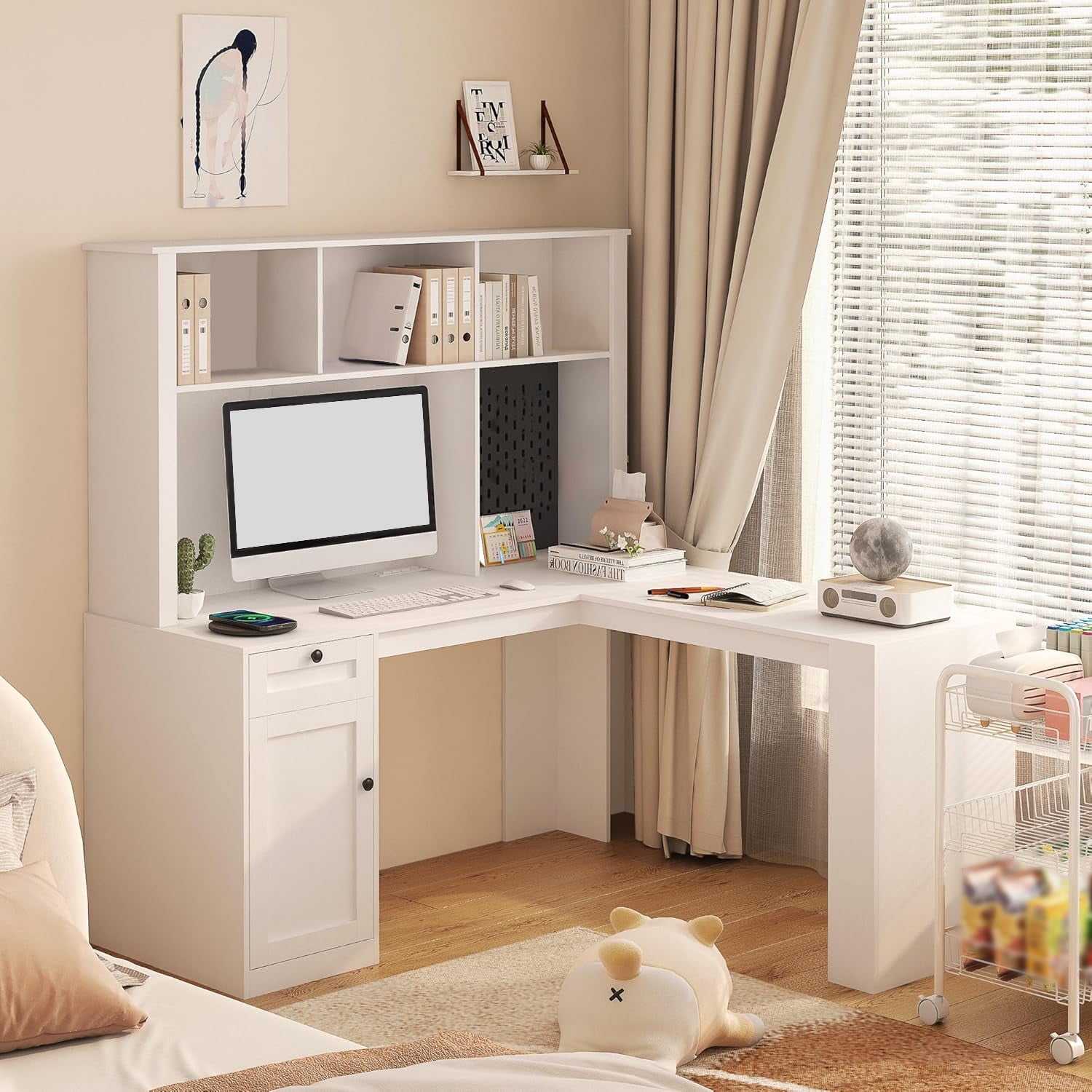 Royard Oaktree Wood L Shaped Computer Desk with Outlets, USB Ports, Drawer, Bookshelf, and Hutch