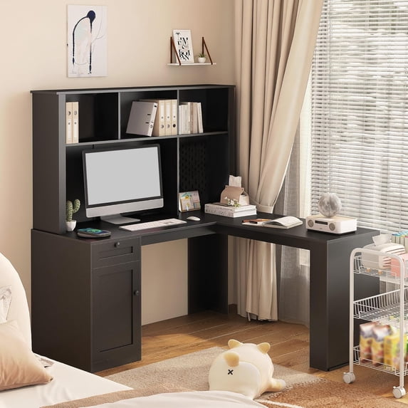 Royard Oaktree Wood L Shaped Computer Desk with Outlets, USB Ports, Drawer, Bookshelf, and Hutch