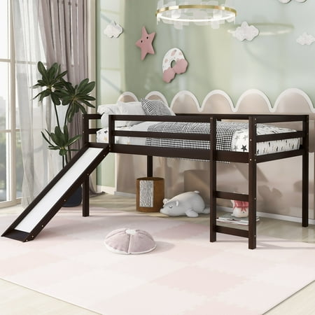 Royard Oaktree Wood Loft Bed with Slide and Ladder Twin Size Low Loft Bed Frame with Guardrail and Slats, No Box Spring Needed, Espresso