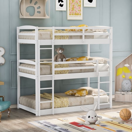 Royard Oaktree Wood Triple Bunk Bed with Guard Rail and Ladder Twin over Twin over Twin Triple Bed Frame with Slats, No Box Spring Required, White
