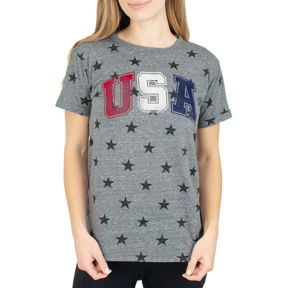 Royce Brand Women's Crew Neck Patriotic Americana Rolled Cuff Sleeve T-Shirt (Med Heather Grey, XXL)