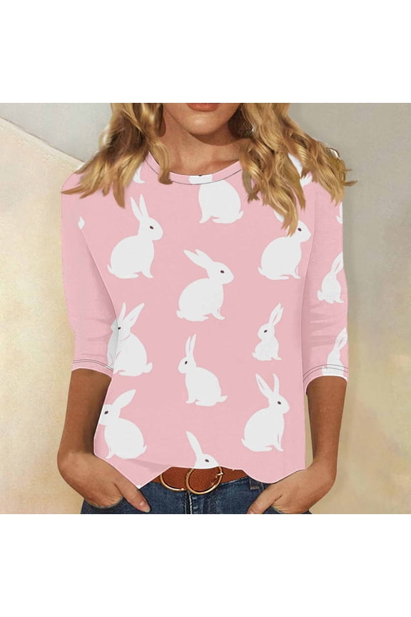 3/4 Sleeve Easter Shirts for Women, Cute Easter Bunny Graphic Tees Crewneck Casual Blouses Loose Holiday Tops