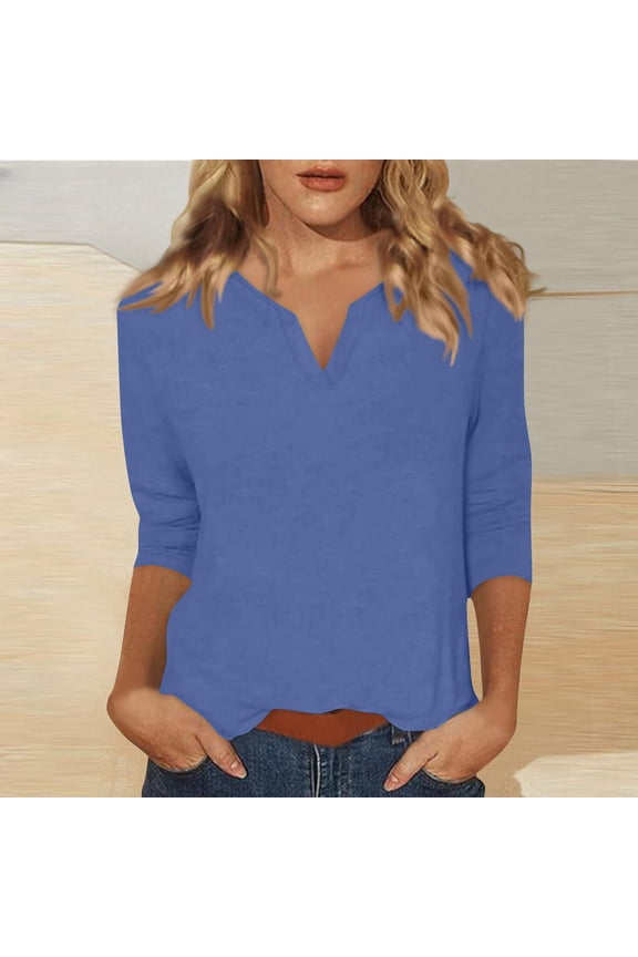 3/4 Sleeve Plus Size Tops for Women Solid Color Blue Casual Summer Womens Tshirt V-Neck Loose Fashion Shirts