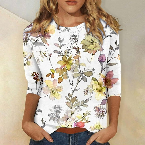 Royisotas 3/4 Sleeve Plus Size Tops for Women Summer Floral Graphic Casual Yellow Women's Shirts Loose Fit Blouse Crew Neck Womens Tshirt
