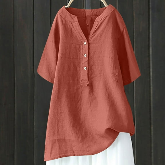 Royisotas 3/4 Sleeve Plus Size Womens Tops Casual Orange Button Cotton Linen V-Neck Tunic Solid Color Womens Shirts Plus Size