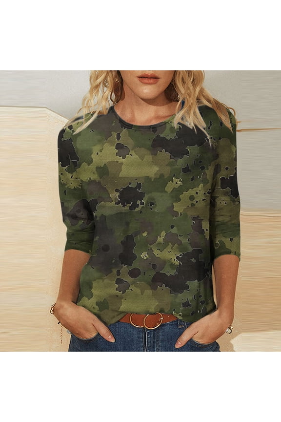 3/4 Sleeve Tops for Women Plus Size Tshirt Summer Casual Camo Army Green Plus Size Shirts Loose Fit Crew Neck Blouse Womens Tshirt