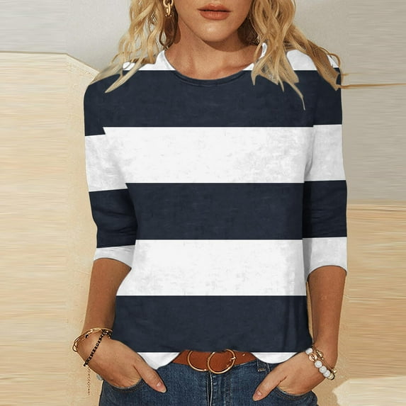 Royisotas 3/4 Sleeve Tops for Women Plus Size Color Block Striped Casual Summer Navy Shirts Loose Fit Fashion Crew Neck T-Shirts