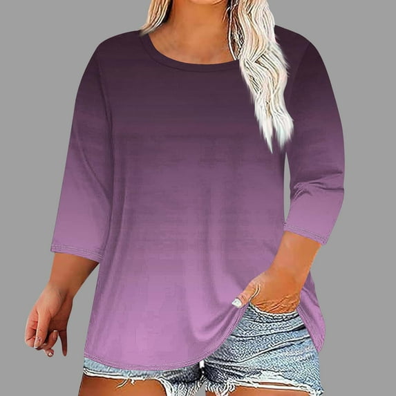 Royisotas 3/4 Sleeve Tops for Women Plus Size Tshirt Summer Casual Purple Gradient Color TShirts Loose Crew Neck Oversized Shirts