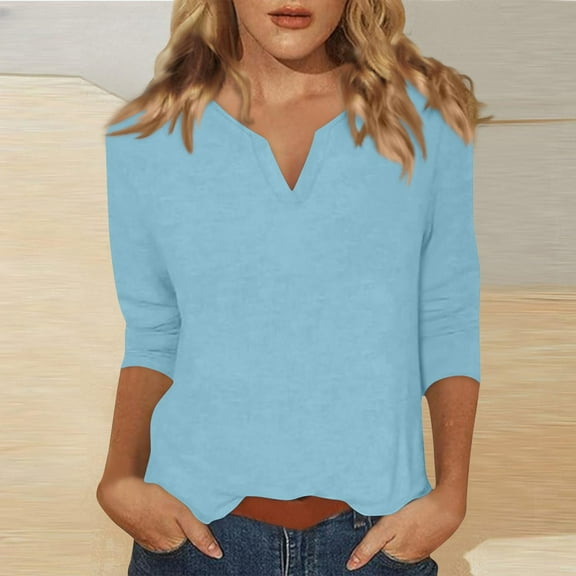 Royisotas 3/4 Sleeve Women Plus Size Tops Summer Casual Solid Color Light Blue Womens T Shirts Loose V-Neck Fashion Shirts Plus Size