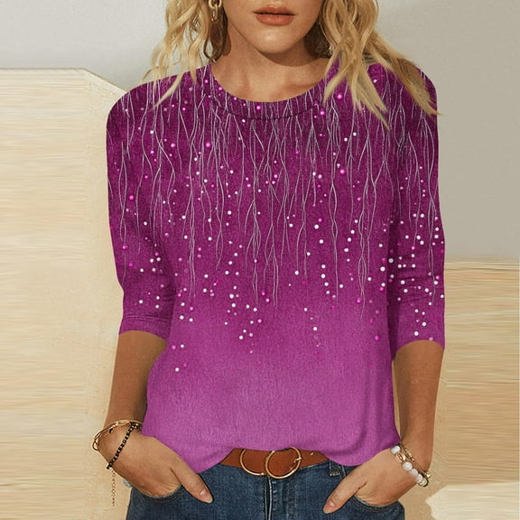 Royisotas 3/4 Sleeve Women Tops Summer Casual Hot Pink Print Shirts Plus Size Fashion Crew Neck Loose Fit Womens T Shirts