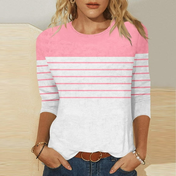 Royisotas 3/4 Sleeve Women's Plus Size Tops Striped Pink Summer Casual T-Shirts Crew Neck Loose Shirts