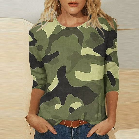 Royisotas Army Green Tops for Women Summer 3/4 Sleeve Casual Camo Plus Size for Shirts Loose Fit Crew Neck Blouse Women's T-Shirts