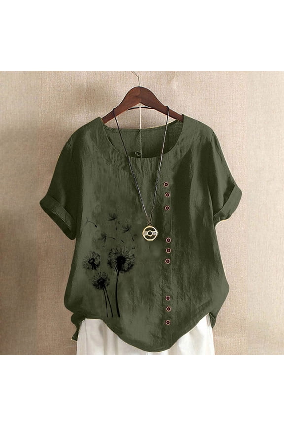 Army Green Women's Plus Size Tops Casual Summer Short Sleeve Shirts for Women Floral Gaphic Crew Neck Button T Shirts