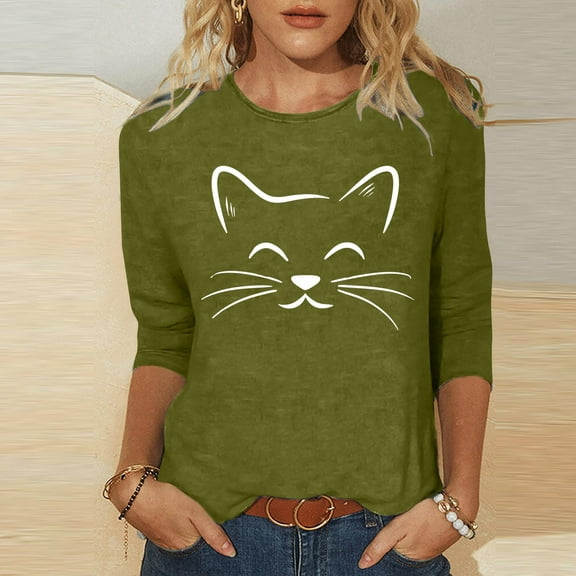 Royisotas Army Green Womens Plus Tops Summer Casual 3/4 Sleeve Womens Shirts Crew Neck Print T Shirts for Women Plus Size