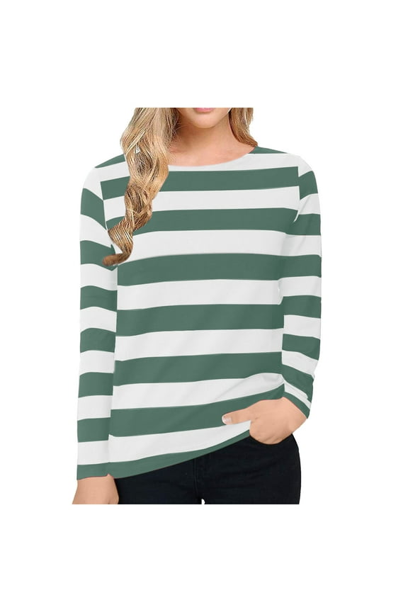 Autumn Women Tops Striped Casual Long Sleeve Green Shirts for Women Plus Size Blouses Loose Crew Neck Tshirts