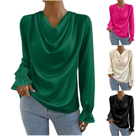 Royisotas Beige Tops for Women Plus Size Tshirt Fall and Winter Casual Long Sleeve Solid Color Women Blouses Plus Size Ruffled Satin Collared Shirts