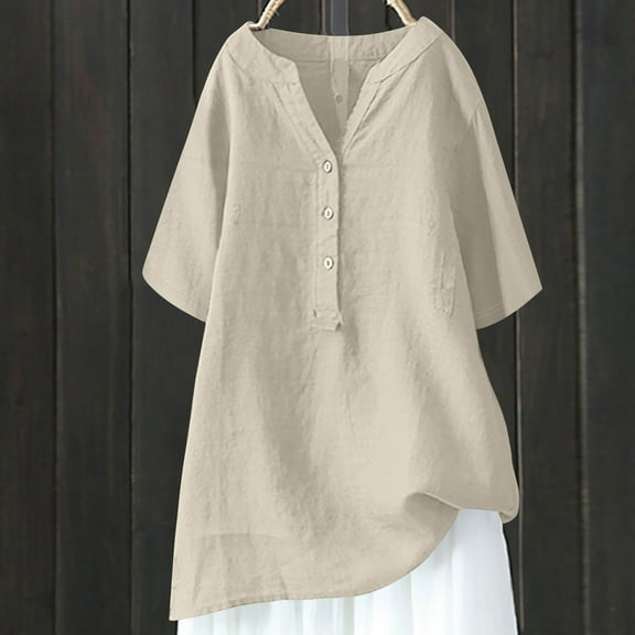 Goodtrade8 Beige Womens Summer Tops Casual 3/4 Sleeve Cotton Linen Button Tunic V-Neck Solid Color Womens Shirts Plus Size