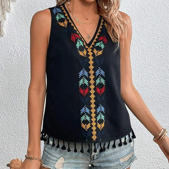 Royisotas Black Tank Tops Women Casual Summer Sleeveless Womens Camisoles and Tanks Embroidery Tassels Solid Color V-Neck Womens Cami Tops Plus Size