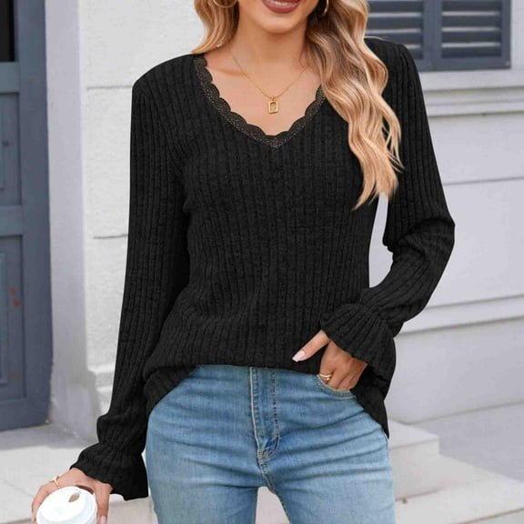 Royisotas Black Women's Plus Size Tops Knit Striped Casual Fall and Winter Long Sleeve Women's Blouse Loose Fit V-Neck Ruffle Sleeve Comfy Tshirt