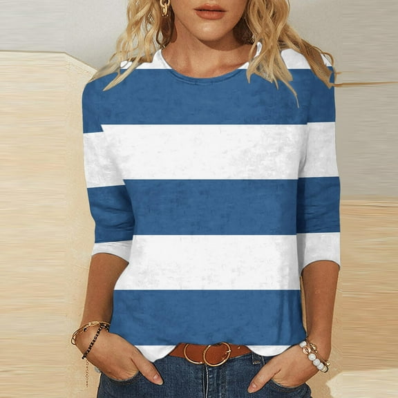 Royisotas Blue Women Plus Size Tops Summer 3/4 Sleeve Color Block Striped Casual Plus Size Shirts Loose Fit Fashion Crew Neck Womens Tshirts