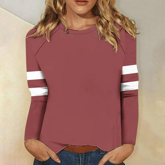 Royisotas Brown Women Tops Long Sleeve Fall and Winter Striped Casual Women's Shirts Loose Fit Crew Neck TShirts