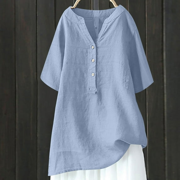 Royisotas Button Plus Size Tops for Women Cotton Linen 3/4 Sleeve Blue Casual Solid Color V-Neck Tunic Womens Shirts Plus Size