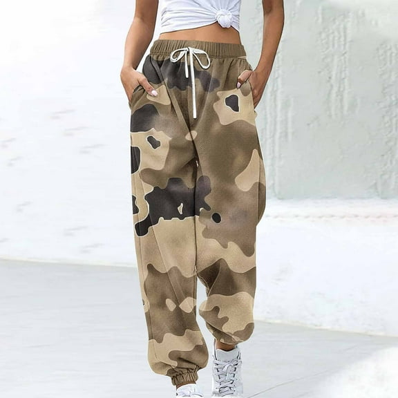 Royisotas Camo Pants Women Summer High Waist Casual Ankle Joggers Drawstring Taper Elastic Waist with Pockets Pants