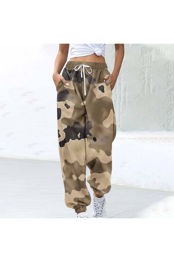 Camo Pants Women Summer High Waist Casual Ankle Joggers Drawstring Taper Elastic Waist with Pockets Pants