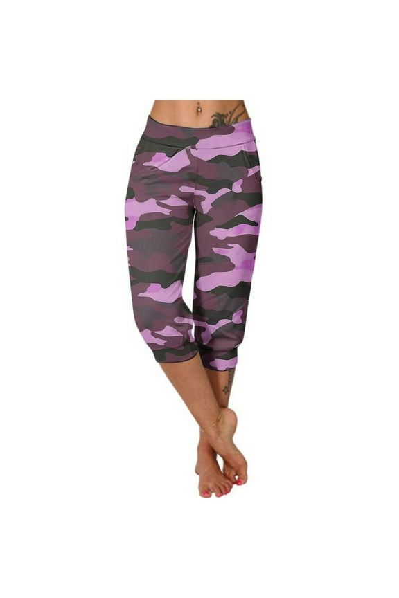 Camo Womens Pants Plus Size High Waist Casual Fall Fitness Yoga Capris with Pockets Taper Active Fit