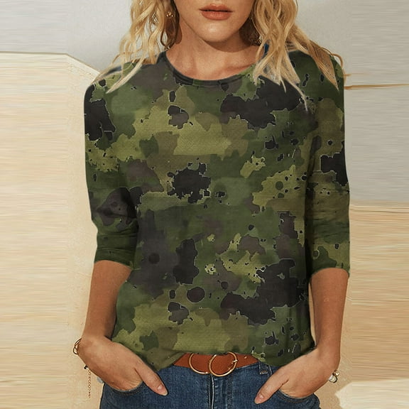 Royisotas Camo Womens Plus Size Tops 3/4 Sleeve Casual Army Green Summer Shirts Plus Size Blouse Loose Fit Crew Neck Women's T-Shirts