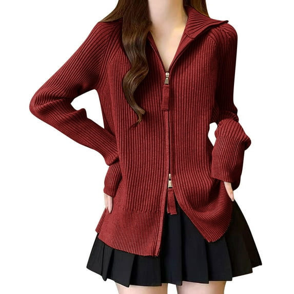 Royisotas Cardigan Sweaters for Women Winter Zipper Coat Solid Color Knitted Red Long Sleeve Loose Womens Tops Fashionable