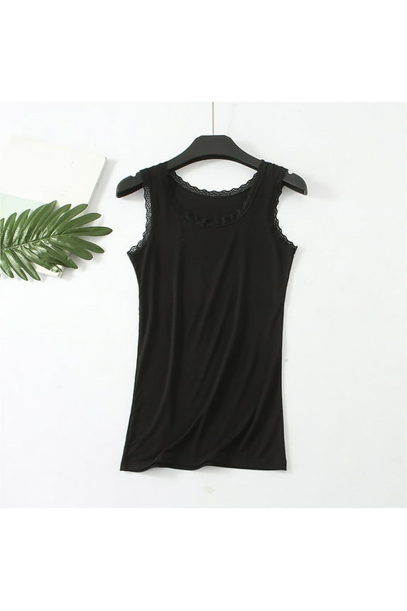 Casual Plus Size Tank Tops for Women Summer Black Sleeveless Cotton Camisoles for Women undershirt Crew Neck Lace Patchwork Womens Cami Tops