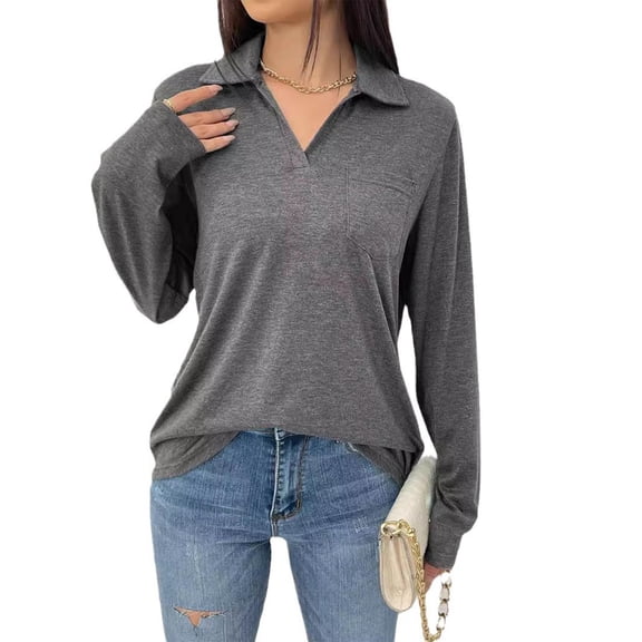 Royisotas Casual Plus Size Tops for Women Fall and Winter Long Sleeve Solid Color Gray Womens Blouse Collared Loose Fit T Shirts