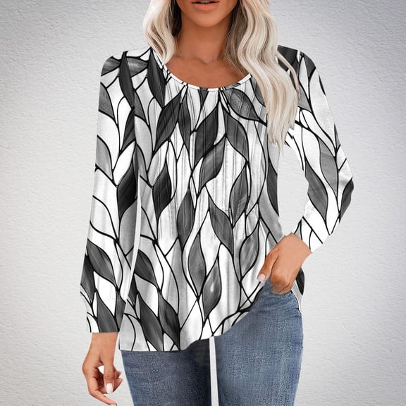 Royisotas Casual Plus Size Tops for Women Gray Fall and Winter Print Long Sleeve Plus Size Blouses for Women Loose Crew Neck Pleated Tshirts Shirts
