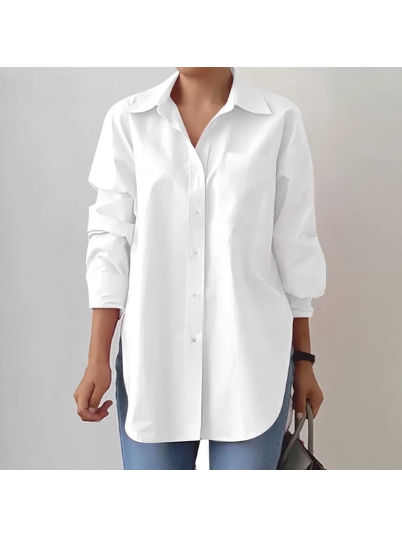 Casual Plus Size Tops for Women Long Sleeve Side Slit Fall and Winter Women's Button Down Shirts Pocket Collared White Button up Shirts