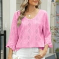 thumbnail image 1 of Royisotas Casual Plus Size Tops for Women Pink Fall 3/4 Sleeve Solid Color Women Blouses Plus Size V-Neck Hollow Flare Sleeve Loose Fit Tshirt, 1 of 8