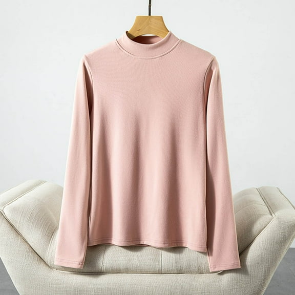 Royisotas Casual Plus Size Tops for Women Pink Solid Color Fall and Winter Long Sleeve Plus Size Women Blouses Base Layer Velvet Crew Neck T-Shirt
