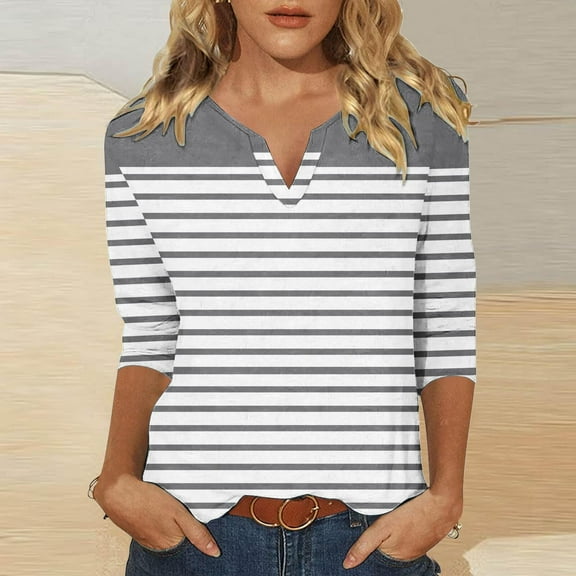 Royisotas Casual Plus Size Tops for Women Striped 3/4 Sleeve Gray Fall Women Blouses and Shirts Comfy V-Neck Loose Fit T-Shirt