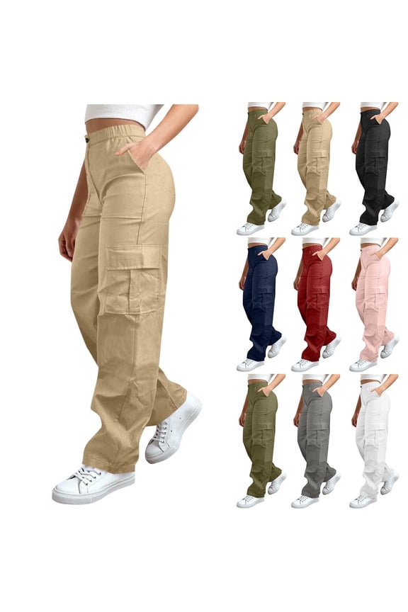 Casual Plus Size Womens Pants Straight Wide Leg High Waist Summer Khakis Elastic Waist with Pockets Pants