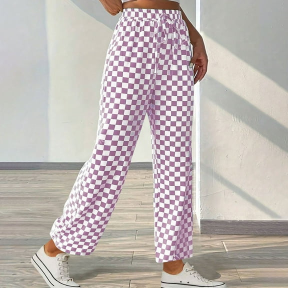 Royisotas Casual Plus Size Womens Pants Summer High Waist Checkered Straight Wide Leg Palazzo Elastic Waist Drawstring Pants
