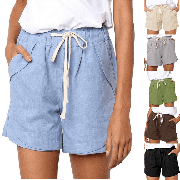 Royisotas Casual Shorts Womens Summer Elastic Waist Drawstring Chino Shorts Solid Color Loose Pocket Womens Shorts Plus Size