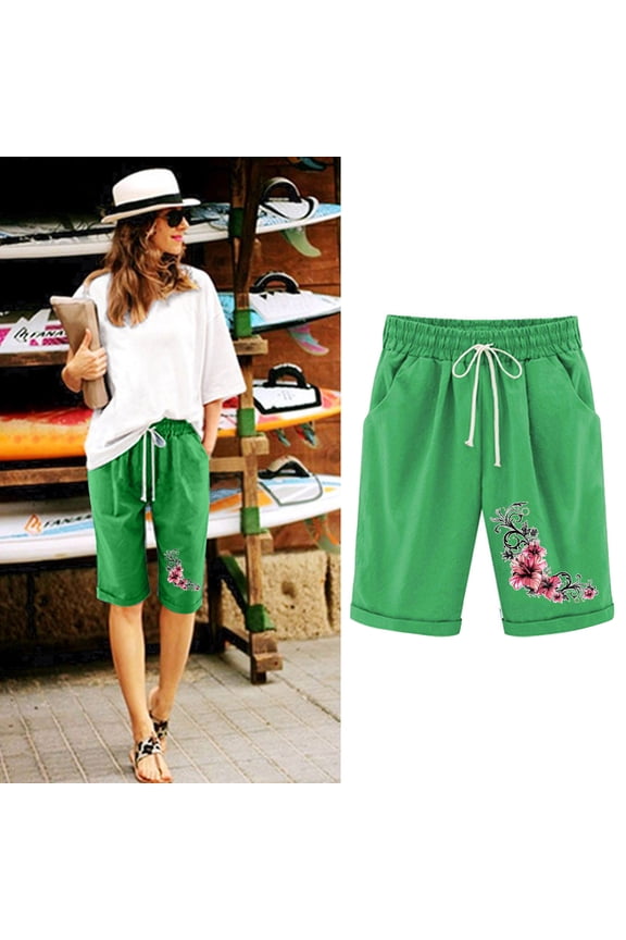Casual Shorts for Women 2025 Elastic Waist Summer Drawstring Bermuda Shorts Pocket Print Women Plus Size Shorts