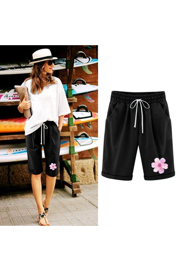 Casual Shorts for Women Plus Size Loose Summer Bermuda Shorts Elastic Waist Straight Drawstring Pocket Floral Graphic Shorts