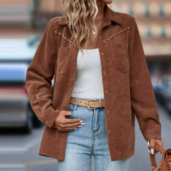 Royisotas Casual Tops Women Long Sleeve Fall Soft Corduroy Plus Size Button Down Shirts for Women Pocket Collared Solid Color Brown Button up Shirts