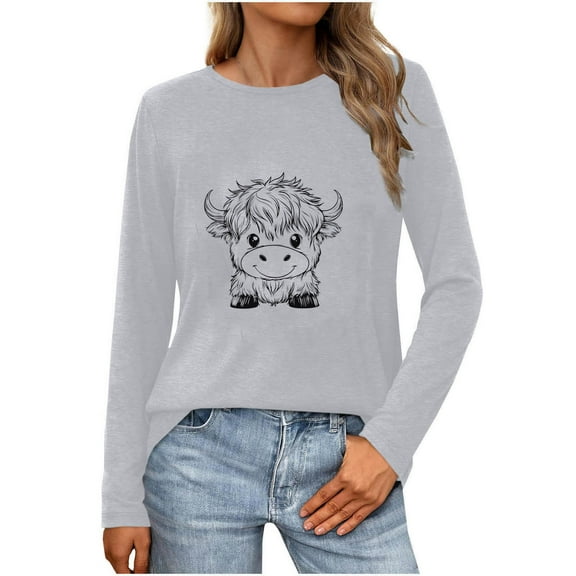 Royisotas Casual Tops Women Long Sleeve Gray Graphic Winter Plus Size for Women Shirts Tunic Crew Neck Loose Fit Tshirt