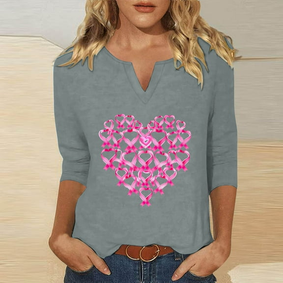 Royisotas Casual Tops for Women Plus Size Tshirt 3/4 Sleeve Breast Cancer Awareness Day Summer Gray Shirts V-Neck Loose Fit Women's T-Shirts